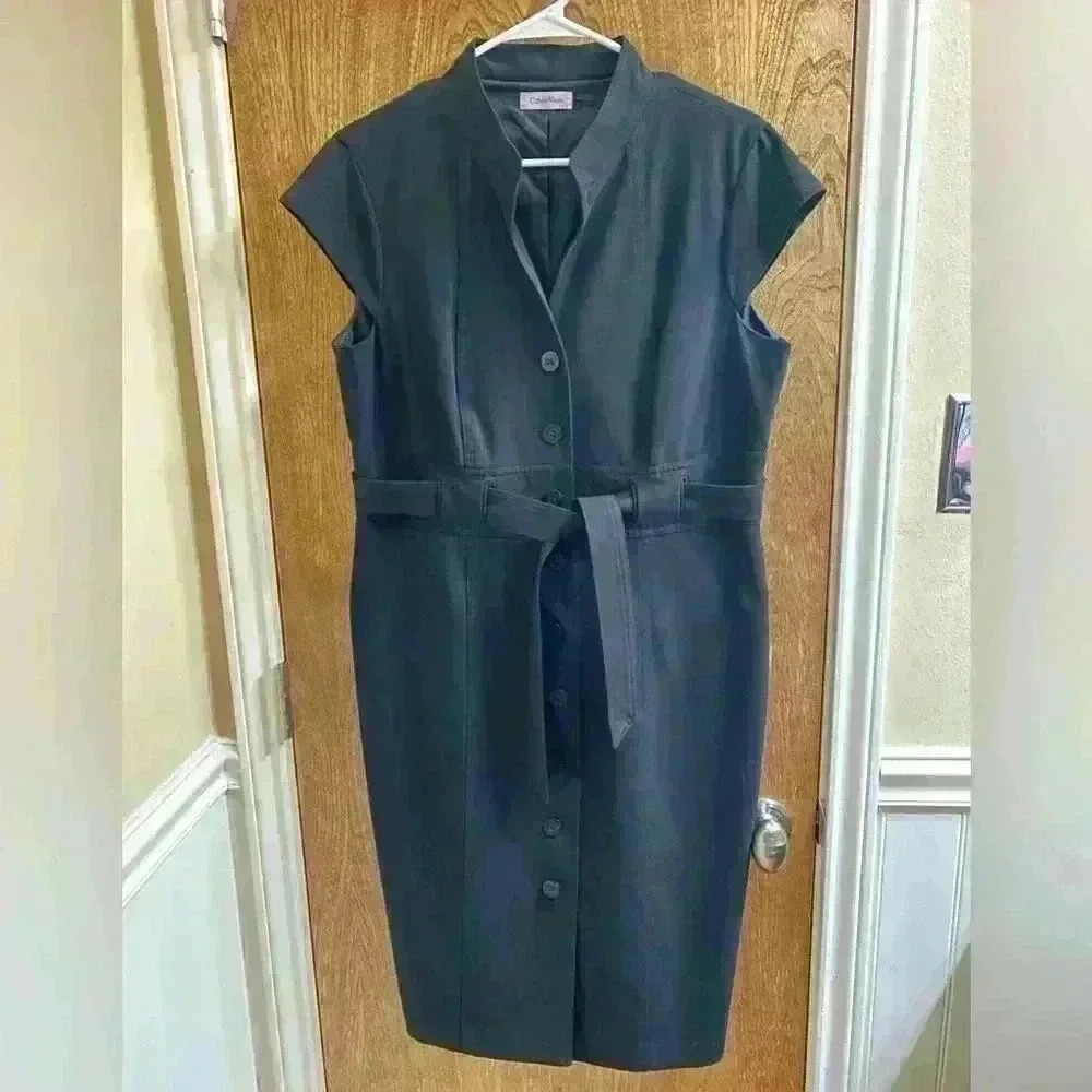 Calvin Klein Button Down Cap Sleeves stand collar Belted Black Career Dress